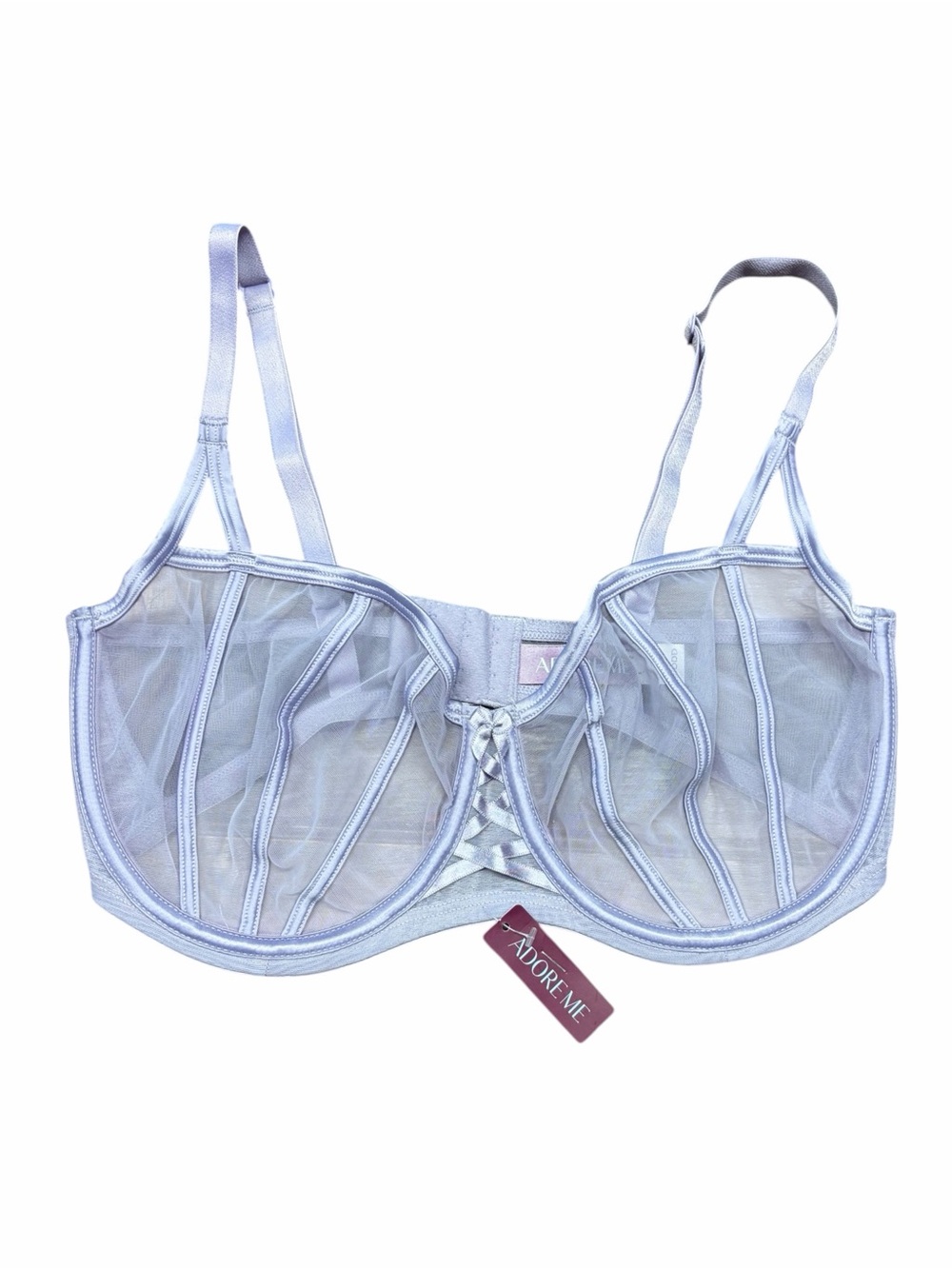 Adore Me Bianca Unlined Balconette Bra Lavender Mesh Corset Lace Up 34DDD